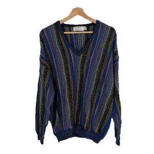 St. Croix Knits Cosby Style V Neck Sweater sz M VTG 80's Textured Colorful USA